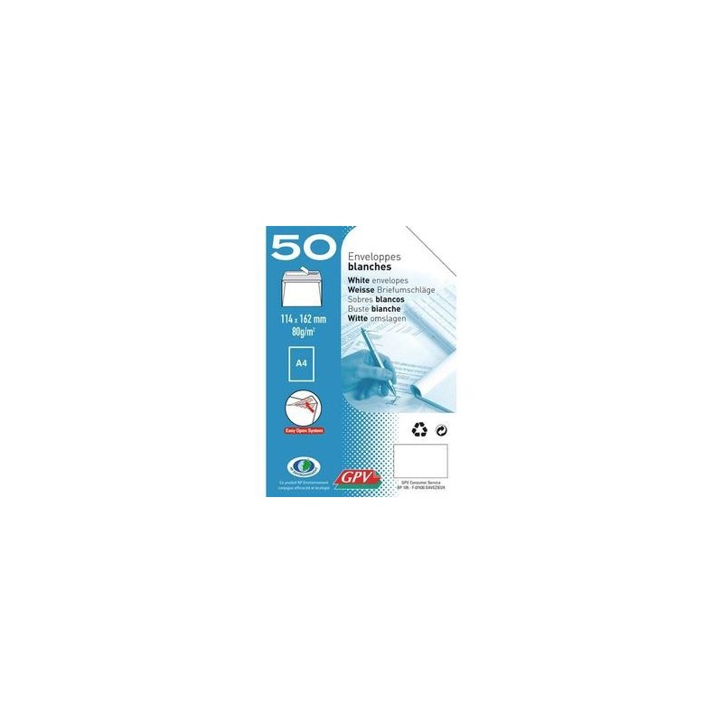 Enveloppes blanches - 80g - GPV - auto-adhésive - paquet de 50 - 110x220 Enveloppes blanches - 80g - GPV - auto-adhésive - paquet de 50 - 110x220