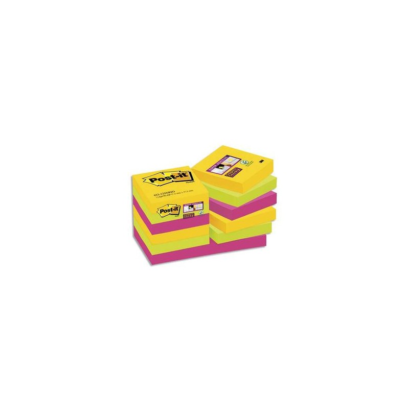 POST-IT Lot de 12 blocs Super Sticky Rio 90 feuilles 47,6x47,6mm, coloris jaune néon, vert néon, fuchsia POST-IT Lot de 12 blocs Super Sticky Rio 90 feuilles 47,6x47,6mm, coloris jaune néon, vert néon, fuchsia