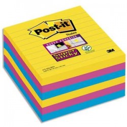 POST-IT Lot de 6 blocs 90 feuilles Super Sticky RIO lignées 101x101mm, jaune néon, fuchsia, méditerranée