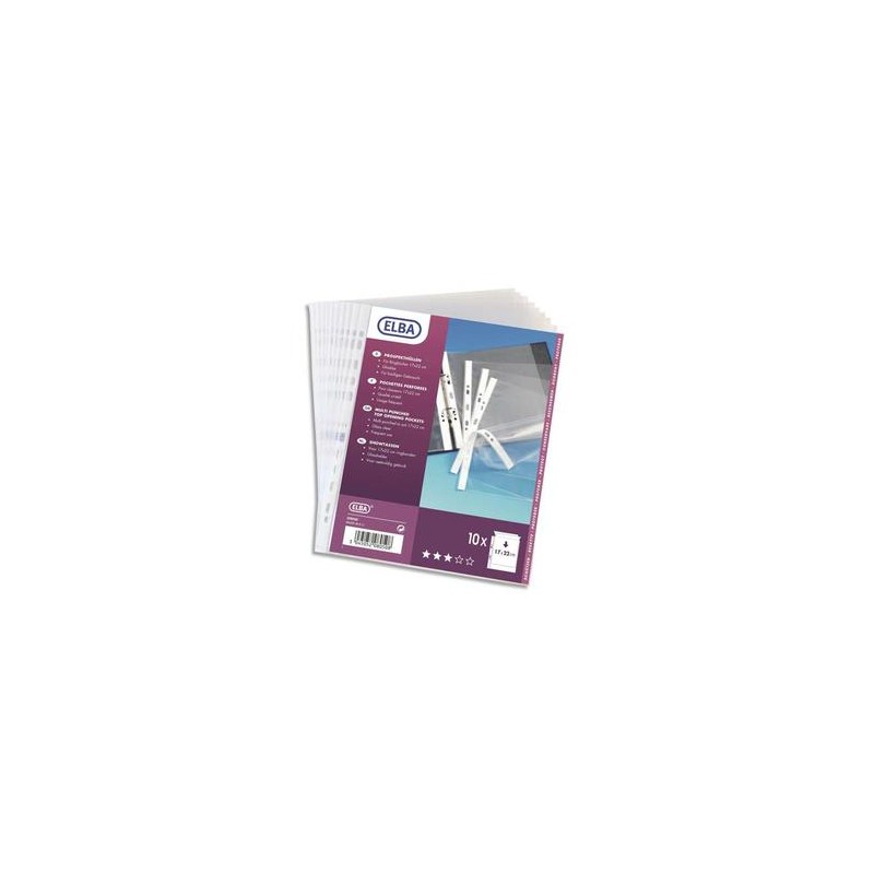 ELBA Sachet de 10 pochettes perforées en polypro lisse 9/100. Format A3 paysage ou A3 plié (A4), 11 trous ELBA Sachet de 10 pochettes perforées en polypro lisse 9/100. Format A3 paysage ou A3 plié (A4), 11 trous