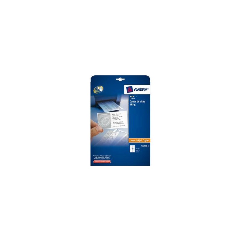 AVERY Pochette de 250 cartes de visite microperforées (85x54 mm) 185g coins droits finition mate AVERY Pochette de 250 cartes de visite microperforées (85x54 mm) 185g coins droits finition mate