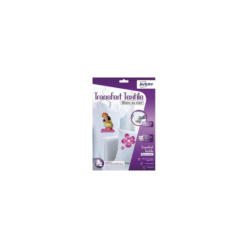 AVERY Boîte de 8 feuilles transferts pour tee-shirt blanc ou clair AVERY Boîte de 8 feuilles transferts pour tee-shirt blanc ou clair