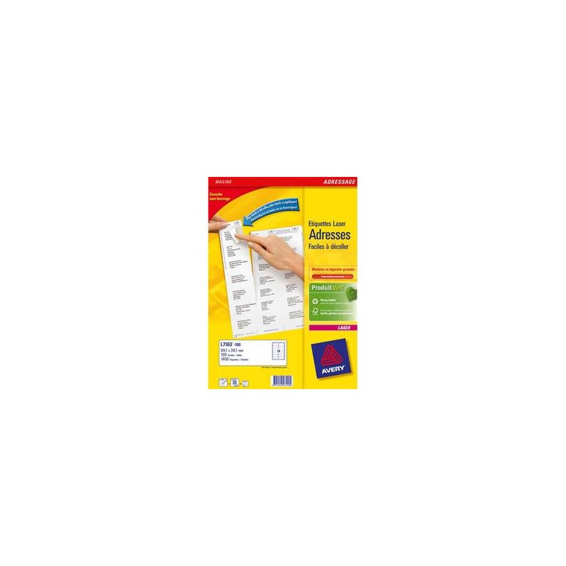 AVERY Boîte de 1400 étiquettes adresse laser recyclées blanc 99.1X38.1 LR7163-100 AVERY Boîte de 1400 étiquettes adresse laser recyclées blanc 99.1X38.1 LR7163-100