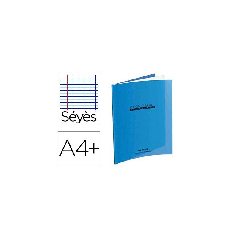 Cahier piqué conquérant classique couverture polypropylène rigide transparente a4+ 24x32cm 96 pages 90g séyès bleu Cahier piqué conquérant classique couverture polypropylène rigide transparente a4+ 24x32cm 96 pages 90g séyès bleu