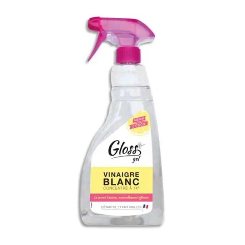 GLOSS Spray 750 ml Gel Vinaigre Blanc détartre et fait briller, concentration 14 degrés, parfum Citron GLOSS Spray 750 ml Gel Vinaigre Blanc détartre et fait briller, concentration 14 degrés, parfum Citron