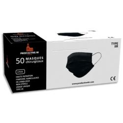 Boîte de 50 masques chirurgicaux jetables 3 plis type IIR. Fabriqué en France. Coloris noir