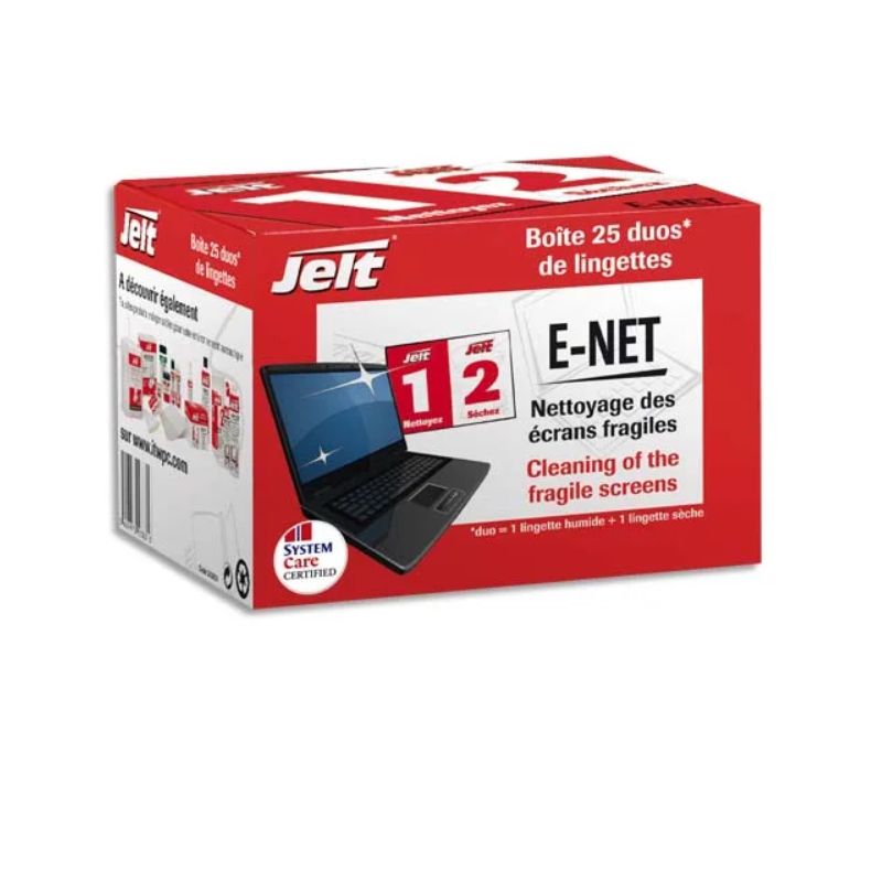 JELT Boîte de 25 lingettes humides/sèches E-NET pour écran à cristaux liquides et portable JELT Boîte de 25 lingettes humides/sèches E-NET pour écran à cristaux liquides et portable