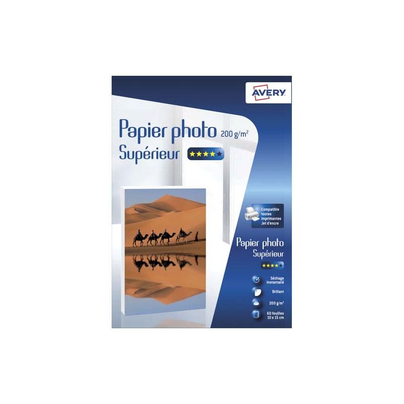 AVERY Boîte de 60 feuilles de papier photo brillant 10x15cm Jet d'encre 200g/m² AVERY Boîte de 60 feuilles de papier photo brillant 10x15cm Jet d'encre 200g/m²