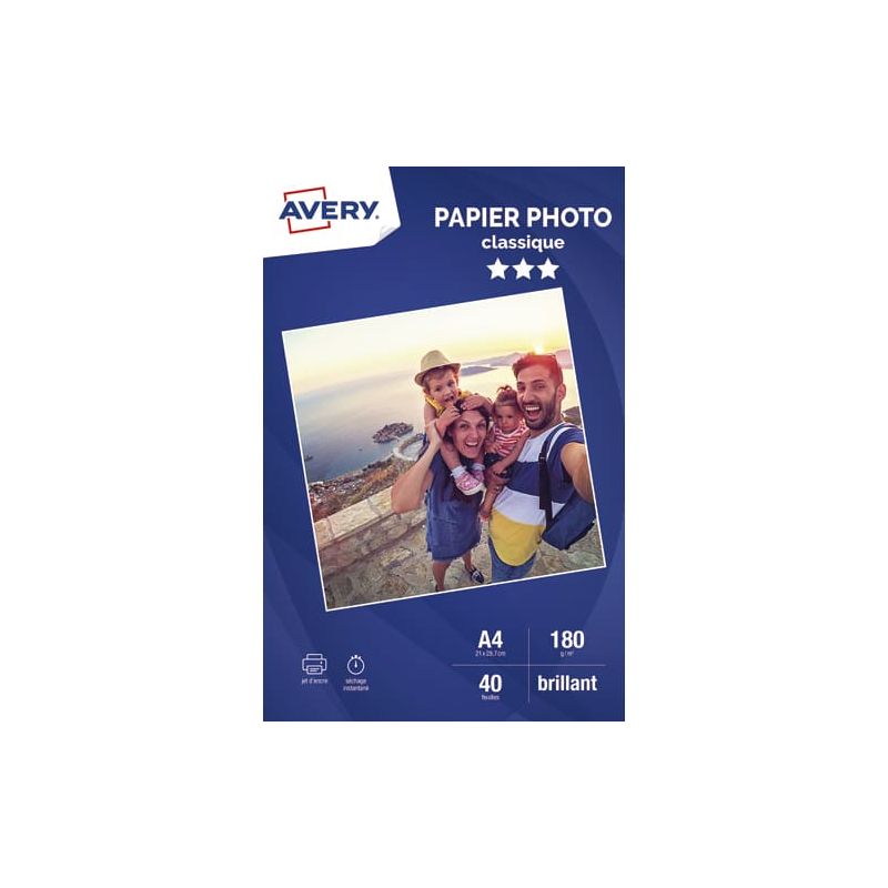 AVERY Boîte de 40 feuilles de papier photo brillant A4 jet d'encre 180 g/m² AVERY Boîte de 40 feuilles de papier photo brillant A4 jet d'encre 180 g/m²