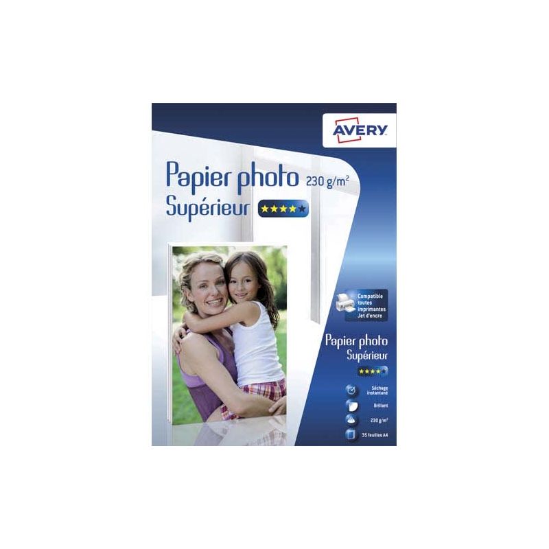 AVERY Boîte de 35 feuilles de papier photo brillant A4 jet d'encre 230 g/m² AVERY Boîte de 35 feuilles de papier photo brillant A4 jet d'encre 230 g/m²