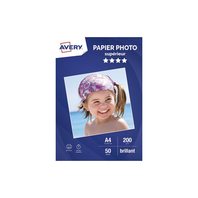 AVERY Boîte de 50 feuilles de papier photo brillant A4 jet d'encre 200g/m² AVERY Boîte de 50 feuilles de papier photo brillant A4 jet d'encre 200g/m²