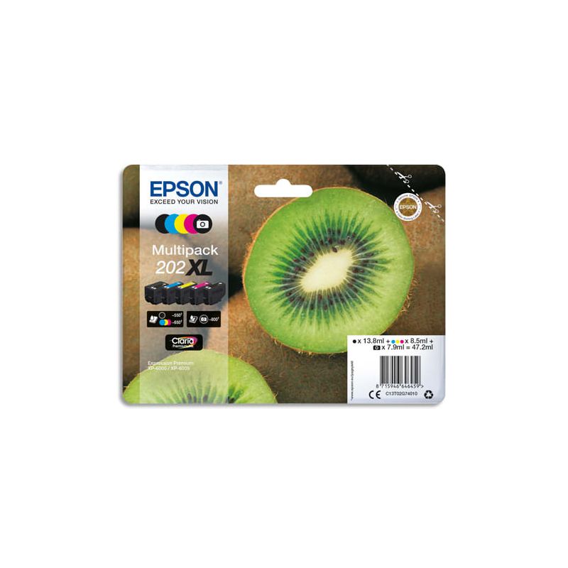 EPSON Multipack XL Jet d'encre 202 série KIWI Noir photo+Noir+Cyan+Magenta+Jaune EPSON Multipack XL Jet d'encre 202 série KIWI Noir photo+Noir+Cyan+Magenta+Jaune