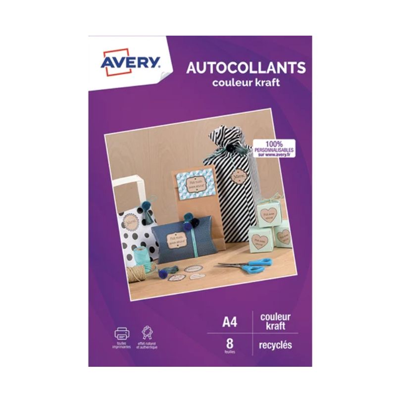 AVERY Sachet de 8 autocollants kraft brun recyclé A4. Impression jet d'encre et laser AVERY Sachet de 8 autocollants kraft brun recyclé A4. Impression jet d'encre et laser