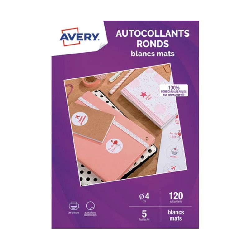 AVERY Sachet de 120 autocollants ronds blanc mat. Diamètre 4cm. Impression jet d'encre AVERY Sachet de 120 autocollants ronds blanc mat. Diamètre 4cm. Impression jet d'encre