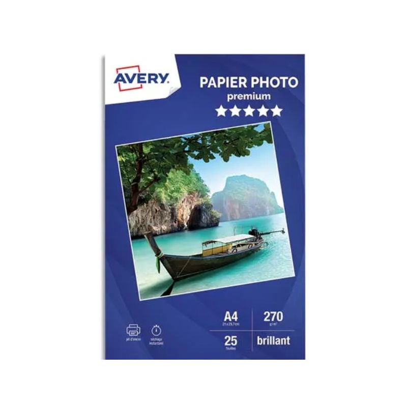 AVERY Boîte de 25 feuilles de papier photo brillant A4, Jet d'encre, 270 g. AVERY Boîte de 25 feuilles de papier photo brillant A4, Jet d'encre, 270 g.