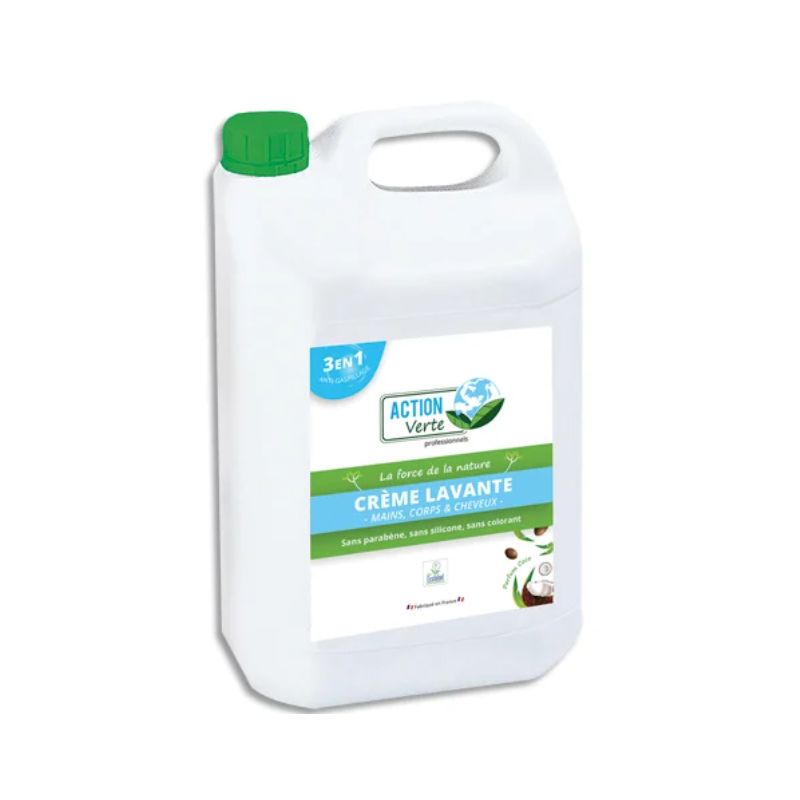 ACTION VERTE Bidon de 5L gel lavant mains, corps, cheveux Ecolabel parfum noix de coco. ACTION VERTE Bidon de 5L gel lavant mains, corps, cheveux Ecolabel parfum noix de coco.