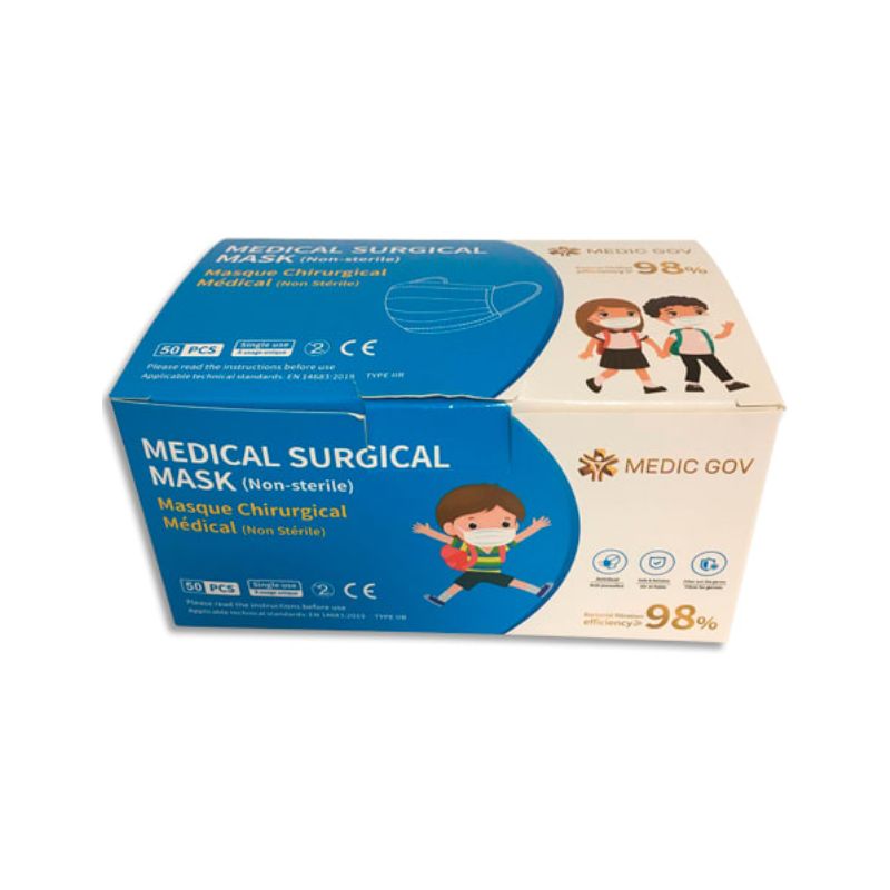 Boîte de 50 masques chirurgicaux jetables 3 plis pour enfants, type IIR, CE EN14683 2019 Boîte de 50 masques chirurgicaux jetables 3 plis pour enfants, type IIR, CE EN14683 2019