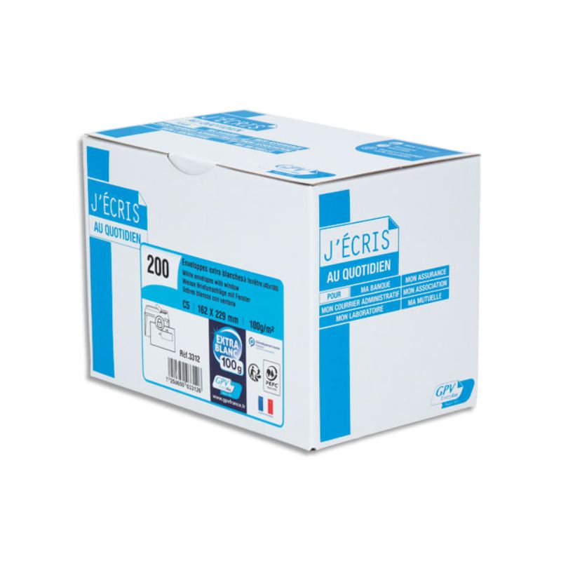 GPV Boîte de 200 enveloppes C5 162x229mm fenêtre 45x100mm 100g Blanches auto-adhésives PEFC GPV Boîte de 200 enveloppes C5 162x229mm fenêtre 45x100mm 100g Blanches auto-adhésives PEFC
