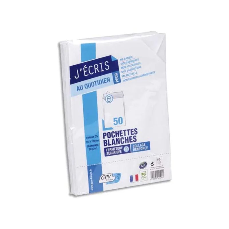 GPV Paquet de 50 pochettes vélin Blanc auto-adhésives 90g format C5 162 x 229 mm GPV Paquet de 50 pochettes vélin Blanc auto-adhésives 90g format C5 162 x 229 mm