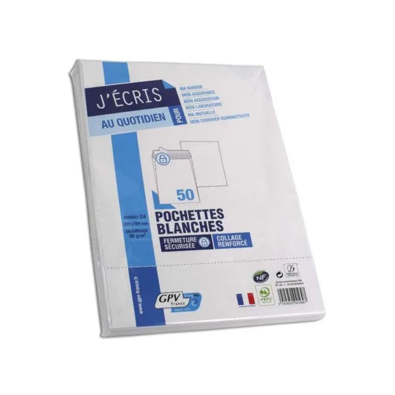 GPV Paquet de 50 pochettes vélin Blanc auto-adhésives 90g format C4 229 x 324 mm GPV Paquet de 50 pochettes vélin Blanc auto-adhésives 90g format C4 229 x 324 mm