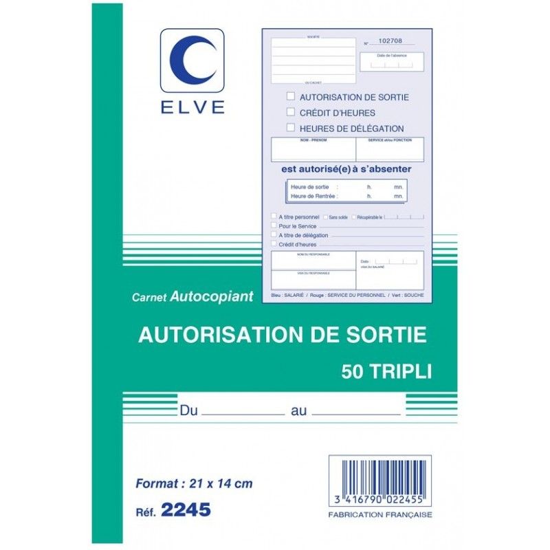 ELVE Manifold autocopiant Autorisation de Sortie format 21x14cm, 50 feuillets tripli ELVE Manifold autocopiant Autorisation de Sortie format 21x14cm, 50 feuillets tripli