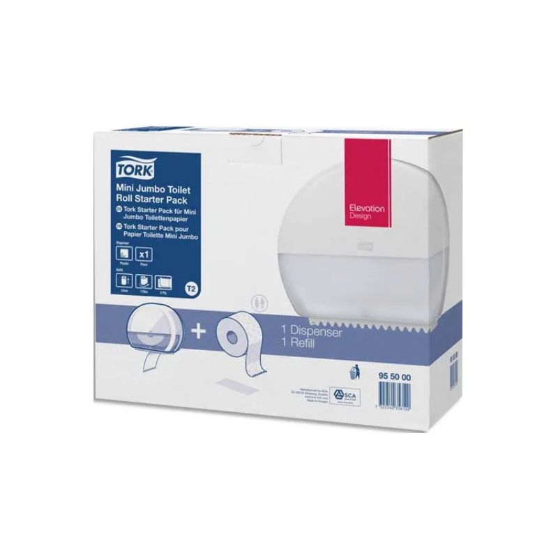 TORK Pack T2 Starter Distributeur de papier toilette + recharge Premium Mini Jumbo 170 m doux Blanc TORK Pack T2 Starter Distributeur de papier toilette + recharge Premium Mini Jumbo 170 m doux Blanc
