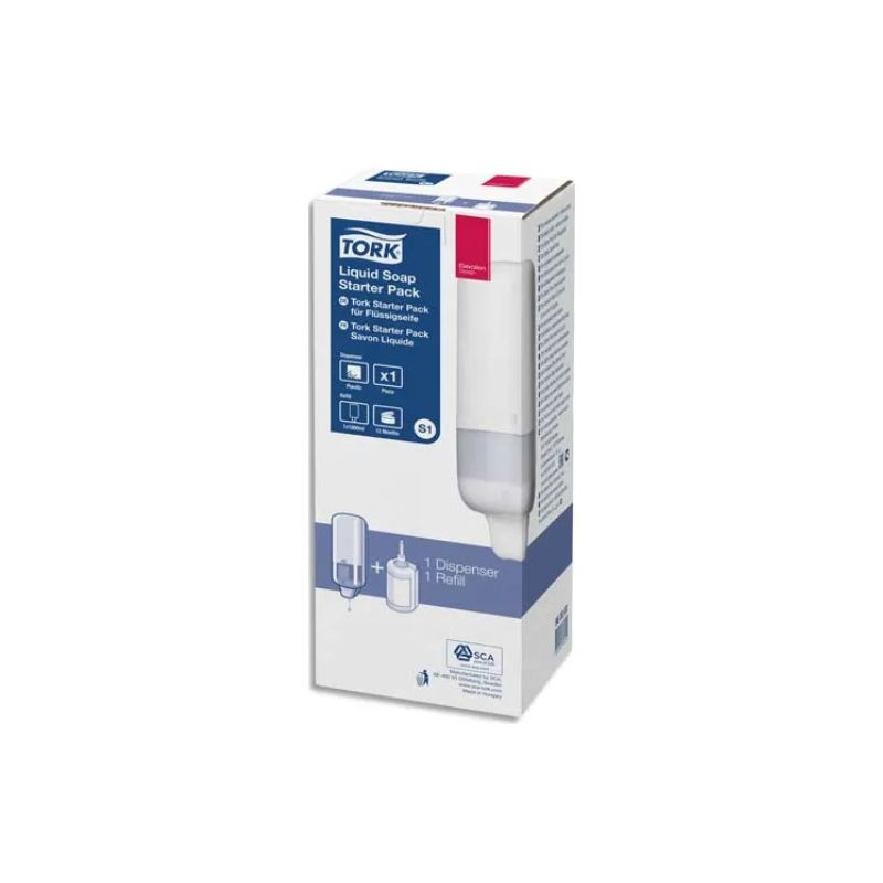 TORK Pack S1 Starter Distributeur de savon + recharge d'1 litre de savon liquide doux parfumé TORK Pack S1 Starter Distributeur de savon + recharge d'1 litre de savon liquide doux parfumé