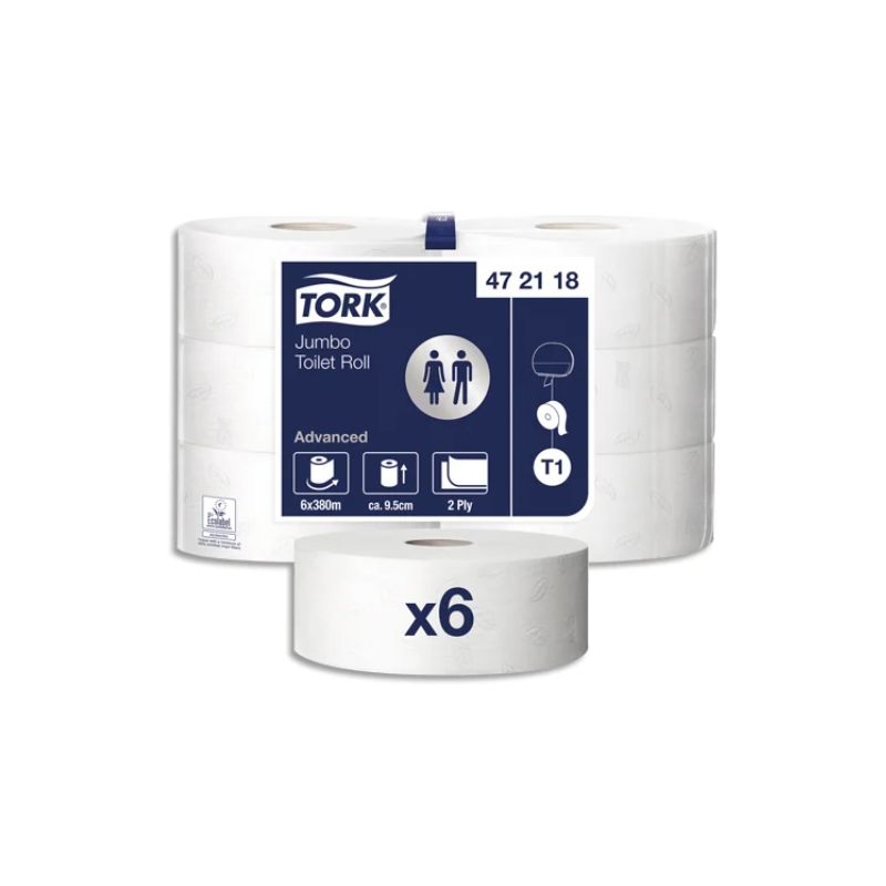 TORK Colis de 6 Bobines de Papier toilette Maxi Jumbo Advanced 2 plis L380 m x D26 cm Blanc uni TORK Colis de 6 Bobines de Papier toilette Maxi Jumbo Advanced 2 plis L380 m x D26 cm Blanc uni