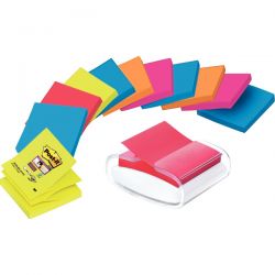 POST-IT Dévidoir Z-notes Pro Blanc rechargeable + 12 blocs Z-notes Super Sticky assortis 76 x 76 mm