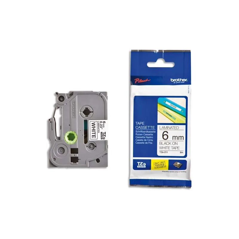 BROTHER Ruban pour PTOUCH laminé Noir/Blanc 6mmx8m TZE211 BROTHER Ruban pour PTOUCH laminé Noir/Blanc 6mmx8m TZE211