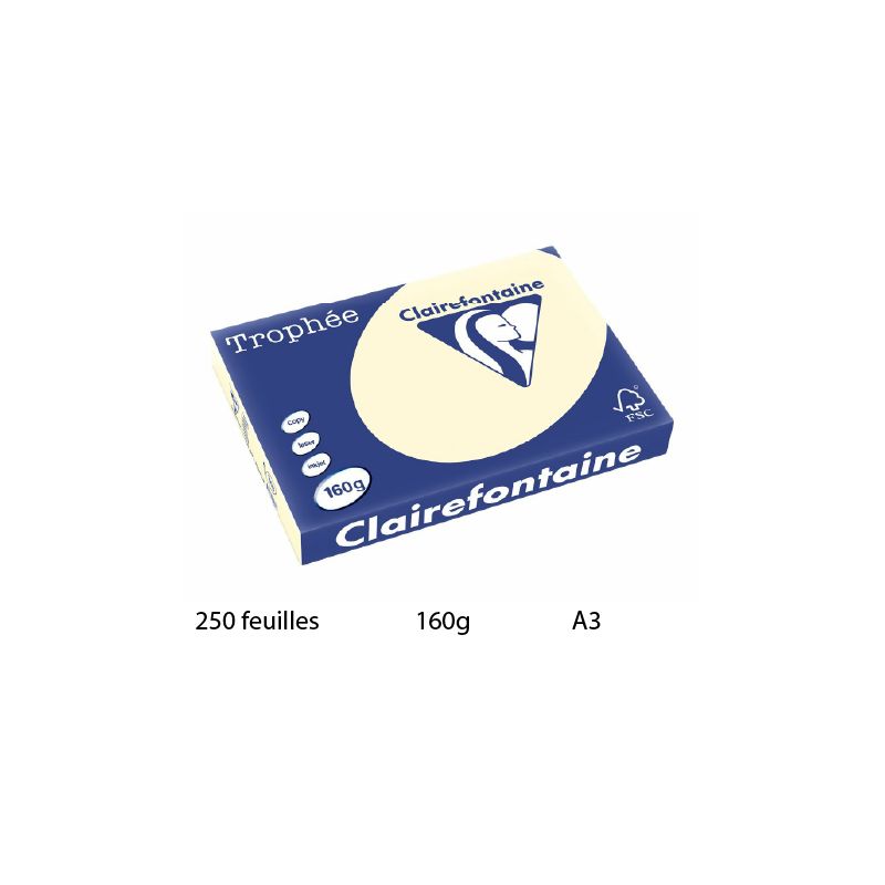 Papier couleur clairefontaine trophée multifonction a3 160g/m2 couleurs vives ivoire paquet 250 feuilles Papier couleur clairefontaine trophée multifonction a3 160g/m2 couleurs vives ivoire paquet 250 feuilles