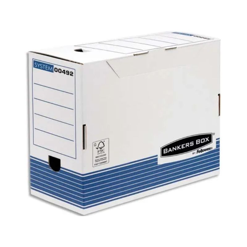 BANKERS BOX Boîte archives dos 15cm SYSTEM, montage automatique, carton recyclé blanc/bleu BANKERS BOX Boîte archives dos 15cm SYSTEM, montage automatique, carton recyclé blanc/bleu