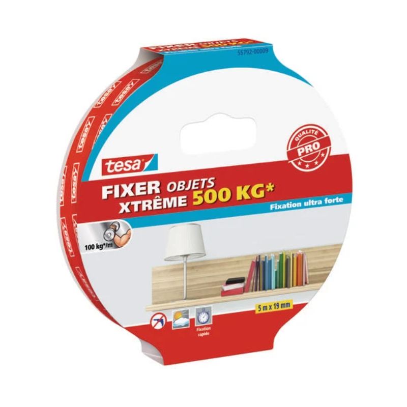 TESA Adhésif double face ultra fort format 5mx19mm pour fixer en intérieur et extérieur jusqu'à 500kg. TESA Adhésif double face ultra fort format 5mx19mm pour fixer en intérieur et extérieur jusqu'à 500kg.