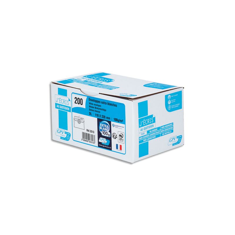 GPV Boîte de 200 enveloppes DL 110x220mm 100g Blanches auto-adhésives PFEC GPV Boîte de 200 enveloppes DL 110x220mm 100g Blanches auto-adhésives PFEC