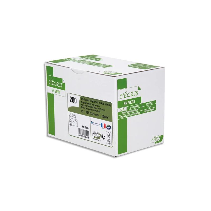 GPV Boîte de 200 enveloppes recyclées extra Blanches Erapure, format C5 162x229mm fenêtre 45x100mm 80g GPV Boîte de 200 enveloppes recyclées extra Blanches Erapure, format C5 162x229mm fenêtre 45x100mm 80g