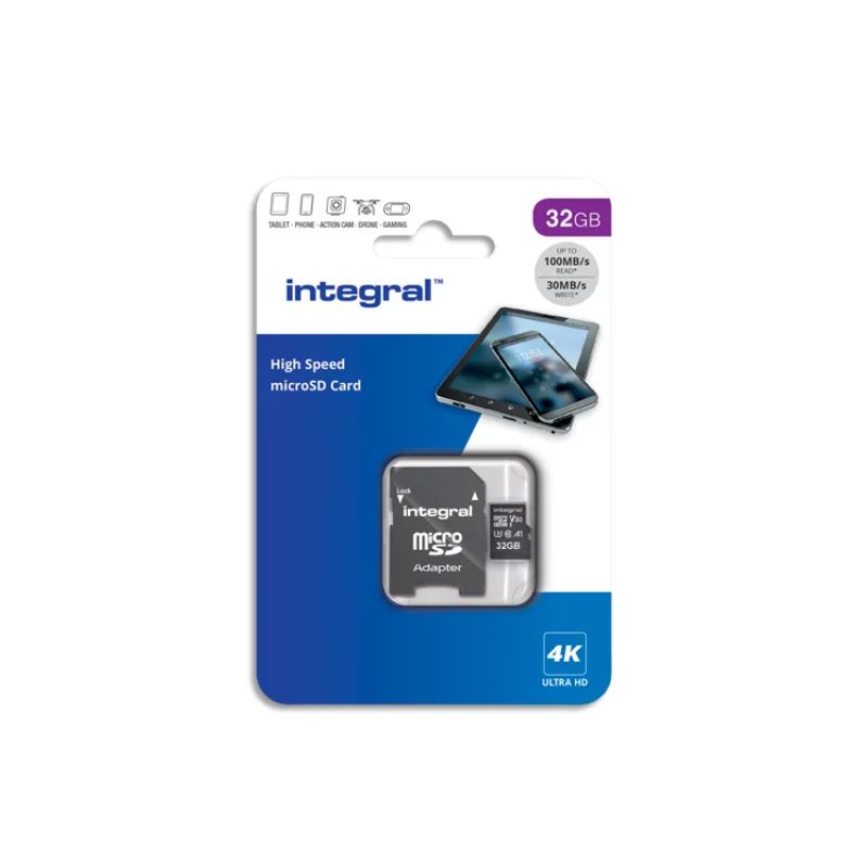 INTEGRAL Carte Micro SDHC+adaptateur 32Go V30 U3 A1 Class 10 UHS-I 100MB/s INTEGRAL Carte Micro SDHC+adaptateur 32Go V30 U3 A1 Class 10 UHS-I 100MB/s
