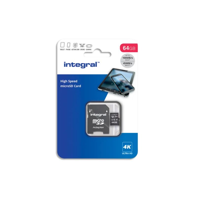 INTEGRAL Carte Micro SDXC+adaptateur 64Go V30 U3 A1 Class 10 UHS-I 100MB/s INTEGRAL Carte Micro SDXC+adaptateur 64Go V30 U3 A1 Class 10 UHS-I 100MB/s