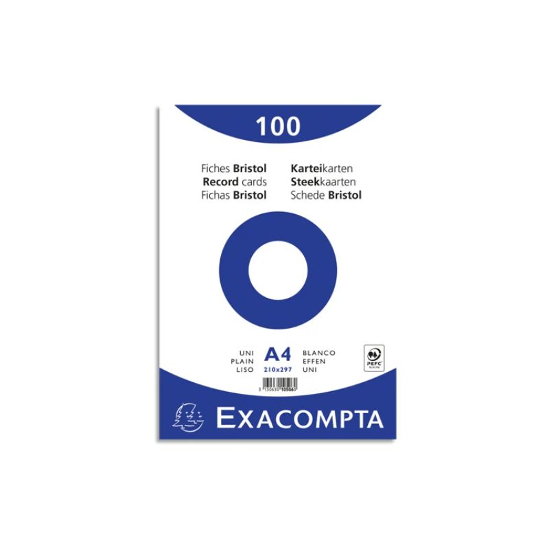 EXACOMPTA Sachet de 100 fiches bristol (sous-film) non perforées 210x297mm (A4) unies Blanc EXACOMPTA Sachet de 100 fiches bristol (sous-film) non perforées 210x297mm (A4) unies Blanc