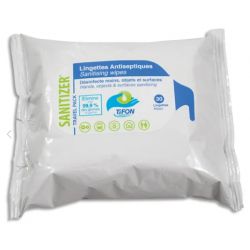 TIFON Paquet 30 lingettes humides 20x20cm pour désinfection des mains et surfaces, actif sur coronavirus