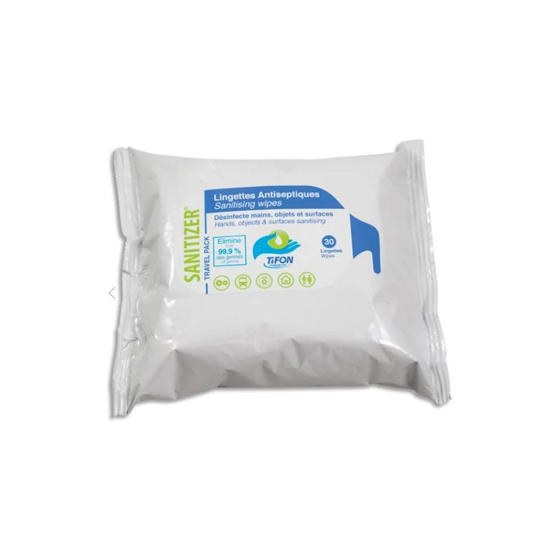 TIFON Paquet 30 lingettes humides 20x20cm pour désinfection des mains et surfaces, actif sur coronavirus TIFON Paquet 30 lingettes humides 20x20cm pour désinfection des mains et surfaces, actif sur coronavirus