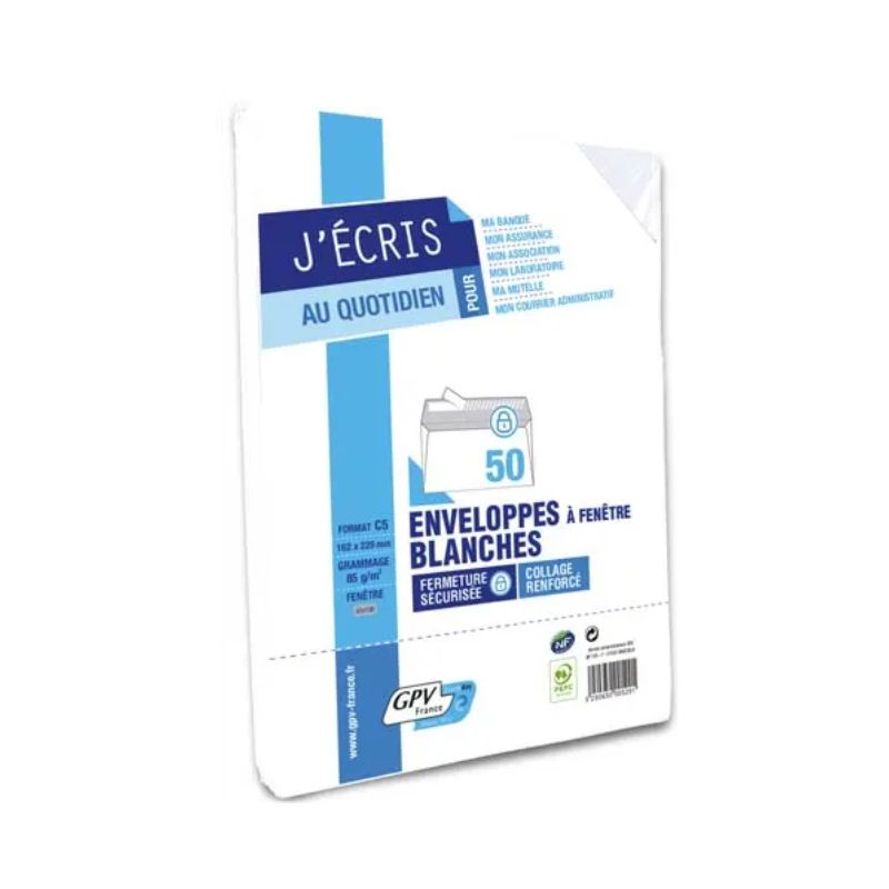 GPV Paquet de 50 enveloppes Blanches auto-adhésives 80 grammes format 162x229mm fenêtre 45x100 réf 529 GPV Paquet de 50 enveloppes Blanches auto-adhésives 80 grammes format 162x229mm fenêtre 45x100 réf 529