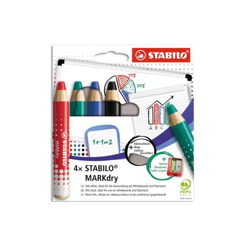STABILO Pochette de 4 marqueurs bois MARKdry tableaux blanc. Effaçable à sec surfaces lisses non poreuses STABILO Pochette de 4 marqueurs bois MARKdry tableaux blanc. Effaçable à sec surfaces lisses non poreuses
