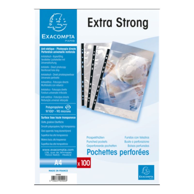 EXACOMPTA Boîte de 100 pochettes perforées A4 en polypropylène lisse 9/100e cristal EXACOMPTA Boîte de 100 pochettes perforées A4 en polypropylène lisse 9/100e cristal