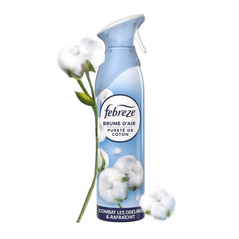 FEBREZE Aérosol 185 ml Pureté de coton. Formule compactée, à base d'eau. Détruit les odeurs, même tenaces FEBREZE Aérosol 185 ml Pureté de coton. Formule compactée, à base d'eau. Détruit les odeurs, même tenaces